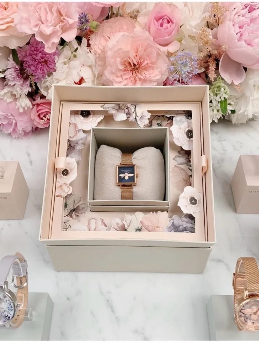 OLIVIA BURTON Rose Gold Mesh Watch with Pink Dial and Bee Motif